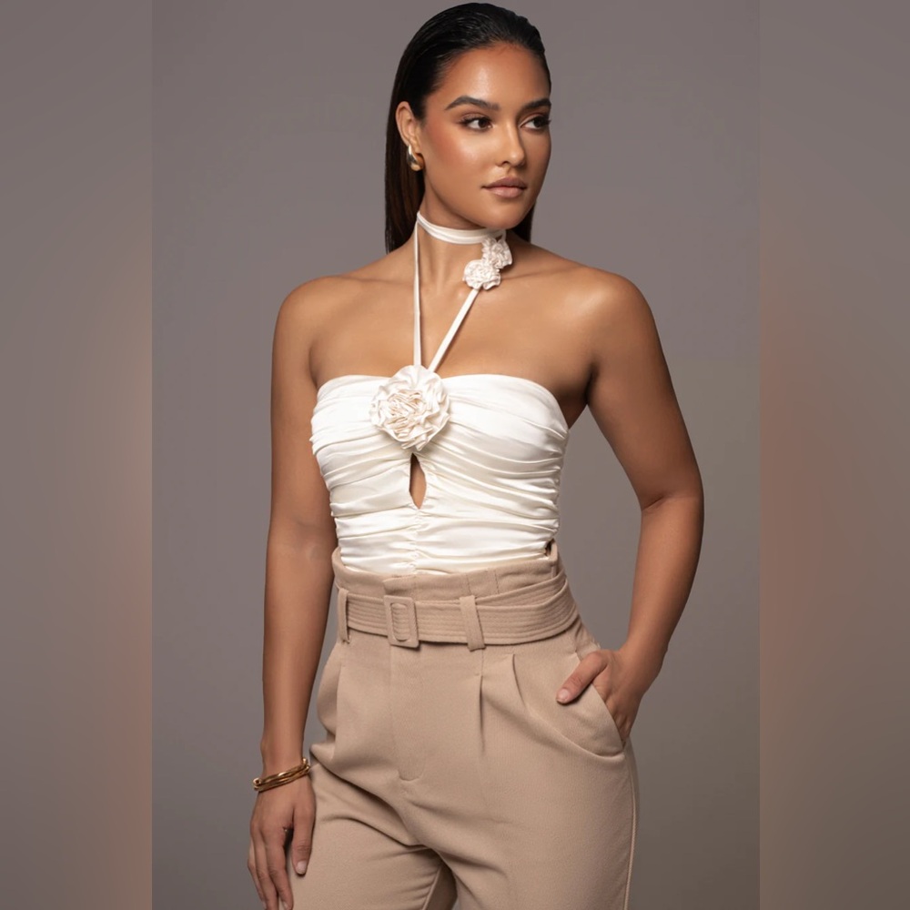 JLUXLABEL Ivory Satin Ruched Strapless Top Size Small New